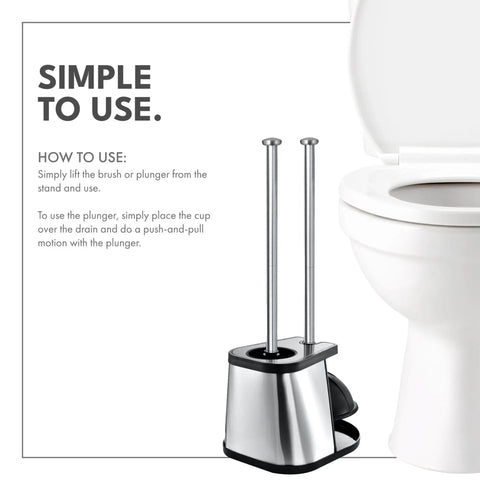 Heavy Duty Toilet Brush And Plunger Combo With Killer Suction And Sturdy Bristles For No Sweat Clog Removal Plus Straight Up Bathroom Deep Cleaning Freshness In Black, with sleek storage stand.