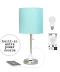 Aqua Desk Lamp In Brushed Steel With Built In Charging Outlet And Drum Fabric Shade Slick Slim Stick Design