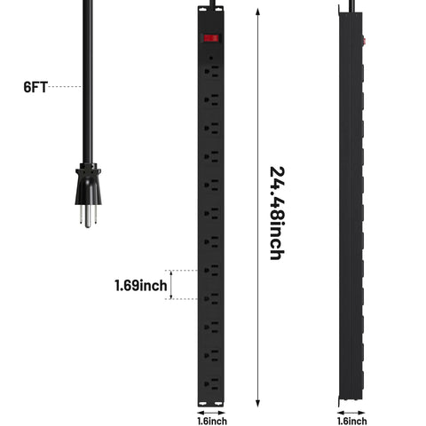 12 Outlet Power Strip Built Tough With 15A Circuit Breaker, Wall Mount Ready, 6Ft 14AWG Extension Cord, 125V 60Hz Industrial Grade