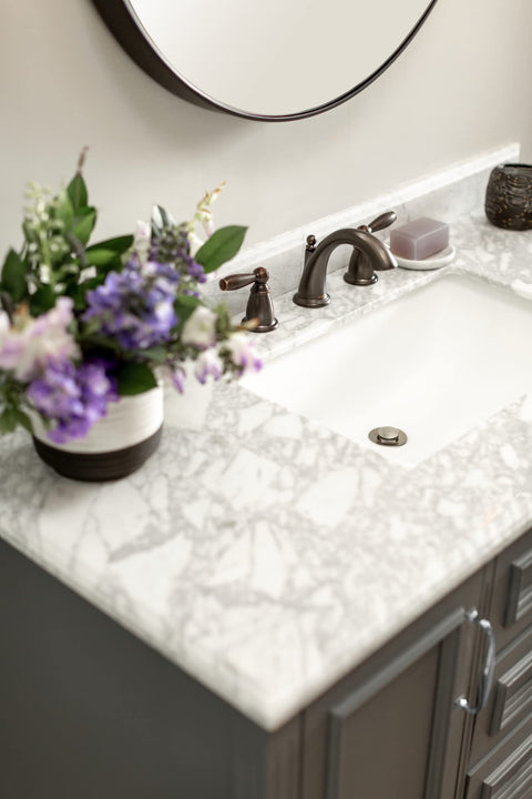 Oil-Rubbed Bronze Two-Handle Widespread Bathroom Faucet Trim Kit on marble sink, Brantford Style T6620ORB