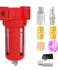 Red aluminum air moisture filter desiccant dryer with manual drain and fittings for air compressor, 1/4 inch NPT ports.