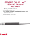 Pro Grade Steel Center Punch With Round Shank And Knurled Grip shown with features and branded packaging