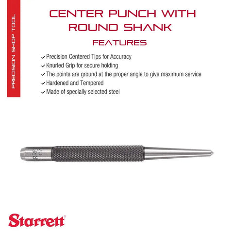 Pro Grade Steel Center Punch With Round Shank And Knurled Grip shown with features and branded packaging