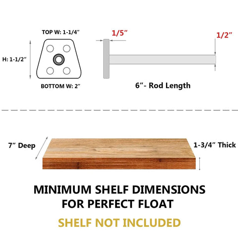 Dimensions diagram for Eight Pack Six Inch Hidden Floating Shelf Brackets Heavy Duty Invisible Wall Bracket Supports.