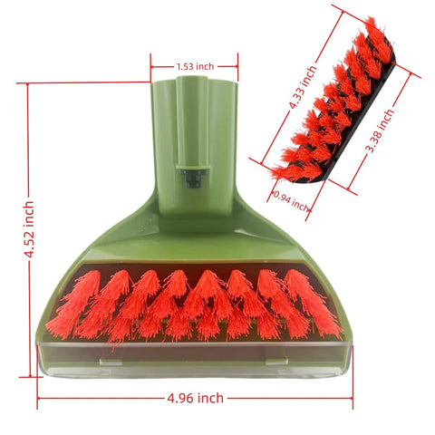 Front view of green Little Green Machine replacement brush head with red bristles and detachable tool base