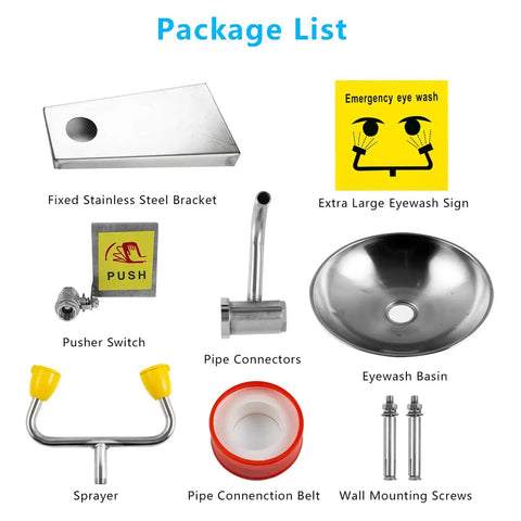 Wall Mounted Eye Wash Station OSHA Approved ANSI Z358 2014 Compliant 304 Stainless Steel Eyewash Station package components displayed