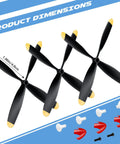 Three Pack Spare RC Plane Propellers for Mustang P51 400mm 4 Channel RC Aircraft, Four Blade Propellers With Saver Adapters And Red Nose