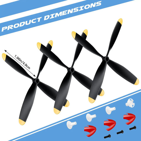 Three Pack Spare RC Plane Propellers for Mustang P51 400mm 4 Channel RC Aircraft, Four Blade Propellers With Saver Adapters And Red Nose
