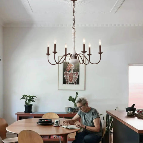 Dining room with Six Light Farmhouse Chandelier With Dope Vintage Candle Design Rustic Industrial Pendant Lighting In White And Dark Brown