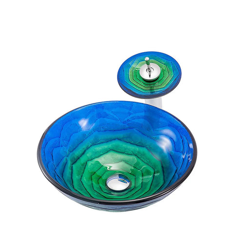 USZWBY Bathroom Vessel Sink Vanity Tempered Glass Vessel Bowl Sink Round Countertop Sink Bowl Above Counter Sink Art Basin view with waterfall faucet.