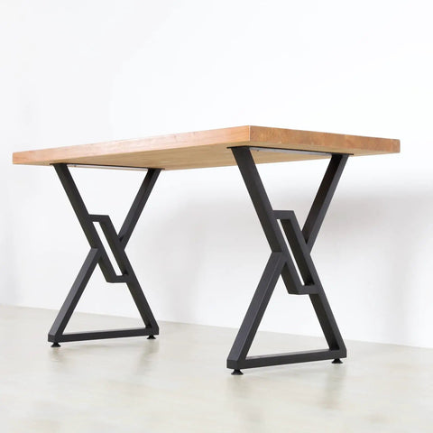 Heavy Duty Metal Table Legs 2 Pack 28 Inch High 20 Inch Wide Square Tube Iron Desk Legs Rustic Industrial Country Style For Dining Tables Office Desks supporting a wooden tabletop in a modern setting.