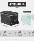 Dual Zone Portable Fridge And Freezer With Heavy Duty Wheels, 42Quart Electric Cooler dimensions and capacity graphic.