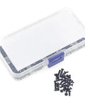 Premium Quality 500 Piece Metric Flat Head Laptop Screw Assortment Kit in a clear storage box with scattered screws.