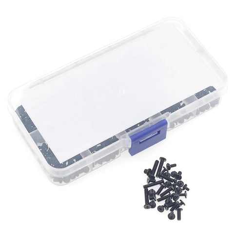 Premium Quality 500 Piece Metric Flat Head Laptop Screw Assortment Kit in a clear storage box with scattered screws.