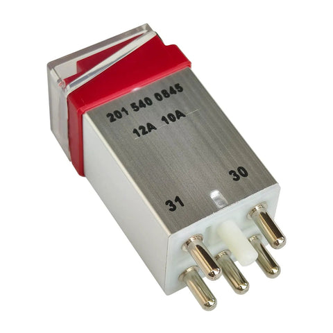 Close-up of overload protection relay 1265404745 for Mercedes models W123-W107 with visible terminals and markings.