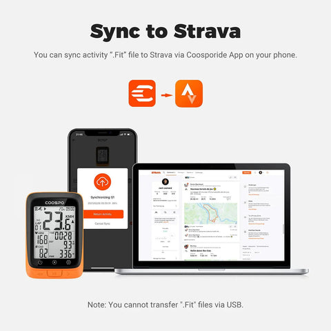 Wireless GPS Bicycle Computer With Bluetooth And ANT Plus For Cycling next to smartphone and laptop displaying Strava sync