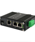 3 Port PoE Plus Gigabit Fiber Ethernet Switch Mini Unmanaged Network Switch With 100/1000M SFP Slot, black casing, side view