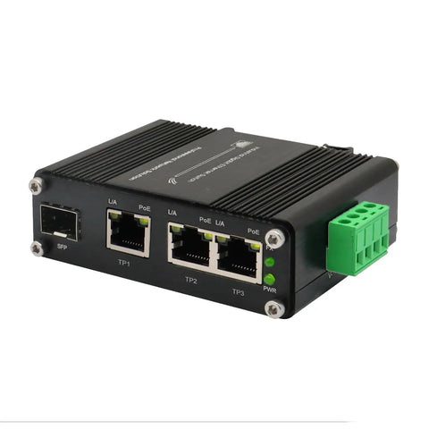 3 Port PoE Plus Gigabit Fiber Ethernet Switch Mini Unmanaged Network Switch With 100/1000M SFP Slot, black casing, side view