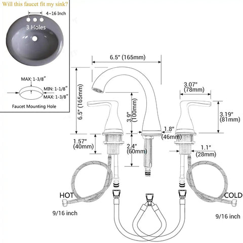 Diagram of Two-Handle 8-Inch Gold Widespread Bathroom Faucet With Pop-Up Drain, showing measurements and installation details.