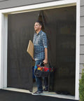 Man walking through hands free magnetic door screen for double doors keeps bugs out and fresh air in easy install mosquito net