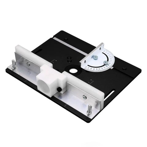 Premium Aluminum Router Table Insert Base Plate For Precision Woodworking Projects With Dead Easy Mounting Hardware And Top Shelf Metal Router System Kit In Matte Black with adjustable angle gauge and bracket.