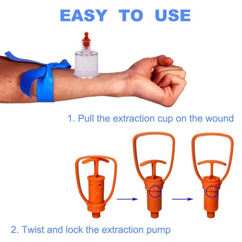 Snake Bite Kit And Bee Sting Kit For Outdoor First Aid Venom Extractor Suction Pump demonstration with arm and tourniquet