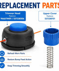 Pro T25 Tap Feed Trimmer Head Repair Kit With Blue Bump Knob And Spring For Husqvarna 325RJX Loop Handle Grass Stringer Replaces Oem Parts Like 966674401 And 537338306 Made For Tough Jobs M10 X 1.25 Left Handed Thread replacement parts with trimmer head, upper cover, and spring