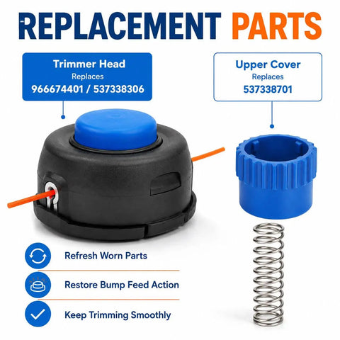 Up Your Lawn Game With This Premium T25 Tap Feed Trimmer Head Repair Kit For Husqvarna 225RJ Brushcutter Featuring Complete Head Blue Bump Knob And Spring To Replace Old Parts Fast replacement parts shown
