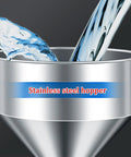 Built Tough Stainless Steel Digital Liquid And Paste Filler Machine With A Massive 40L Hopper For Seamless Shop Floor Bottle Filling Of Milk Honey Ketchup And Sauces, showing water pouring into stainless steel hopper.
