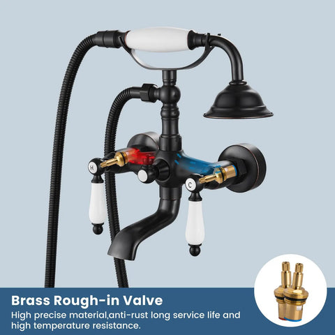 Vintage Victorian Style Wall Mount Bathtub Faucet Set With Telephone Handheld Sprayer Double Hot And Cold Mixer Lever Handles