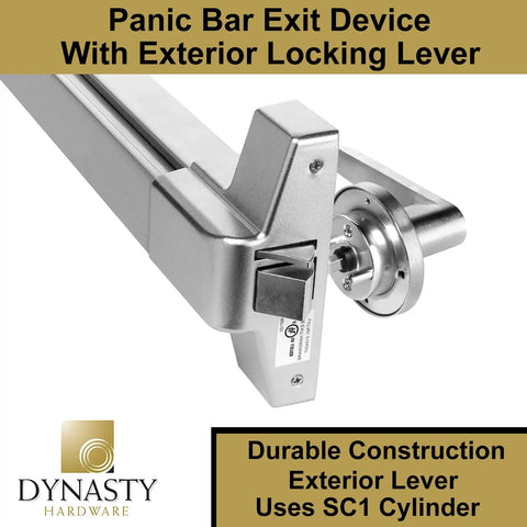 Push Bar Panic Exit Device For Emergency Doors With Exterior Lever Handle, Painted Aluminum, Grade 1 Heavy Duty, ADA Approved For Medium To High Traffic, Reversible Install, Durable And Easy To Use
