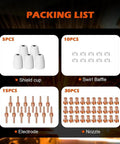 Packing list of Solid 60 Pack Pt31 Plasma Cutter Consumables showcasing shield cups, swirl baffles, electrodes, and nozzles.