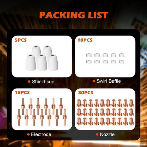 Packing list of Solid 60 Pack Pt31 Plasma Cutter Consumables showcasing shield cups, swirl baffles, electrodes, and nozzles.