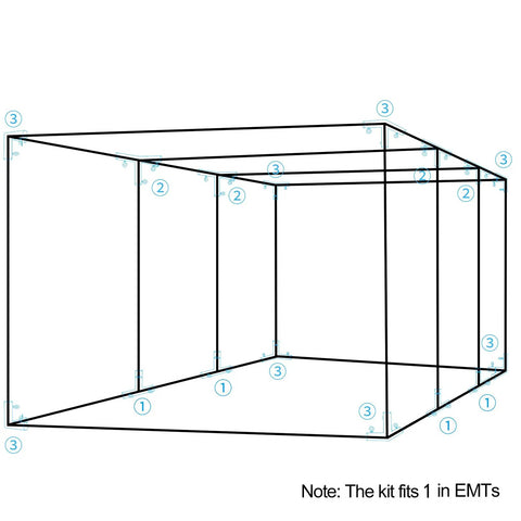 Heavy Duty One And Three Eighths Inch Fence Top Rail Connector Kit For 35 Foot Batting Cage Frame diagram with labeled joints