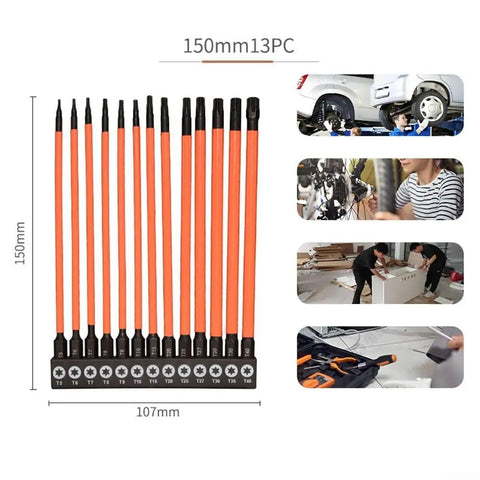 Must Have 3 Piece Torx Bit Set For T5 To T40 Impact Drivers With High Strength Alloy Steel And Shock Absorbing Torsion Design For Professional Jobs, 150mm 13pc