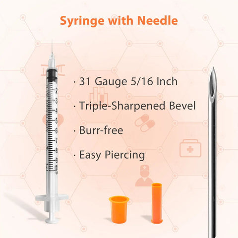 1ml U-100 Syringe With Needle 31G 5/16 Inch 8mm Pack of 30 Sterile, individually wrapped syringe with marked barrel and cap