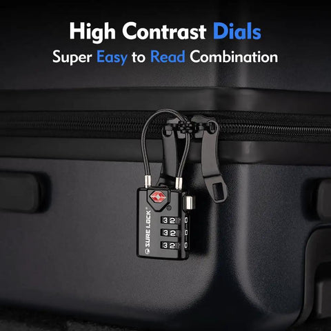 TSA Approved Beefy Luggage Locks With Open Alert Indicator on suitcase, showing high contrast dials, 3 digit combination, 4 pack.