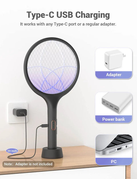Electric Fly Swatter 4000V Bug Zapper Racket With Dual Modes And Rechargeable Battery Indoor Outdoor Mosquito Killer With Purple Light Easy Auto Zap Great For Home Office Backyard Patio Camping with Type-C USB charging, adapter, power bank, PC options visible.
