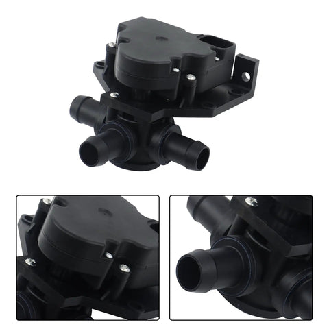 Hella Solid Tesla Model X Three Way Heater Control Valve Replacement For 2016 Through 2021 Bev Battery Electric Crossover close-up view showing coolant line connections.