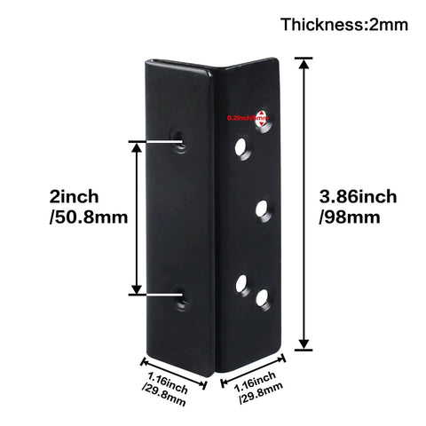 Heavy Duty Bed Frame Hardware Double Hook Slot Bed Post Brackets 4 PCS Black Powder Coated Iron, 3.86 inch height, used for bed support.