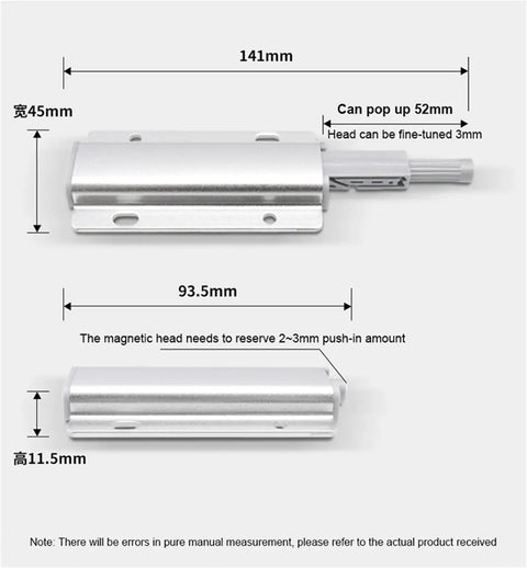 Magnetic Touch Latch Cabinet Hardware Aluminum Alloy No Handle Openers dimensions with 141mm and 93.5mm length measurements