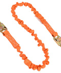 6 Foot Internal Shock Absorbing Restraint Lanyard With Double Forging Snap Hook Connectors Built Tough Worksite Ready For Fall Protection ANSI Z359.13-2013 Compliant Three Pack Kit, orange color, close-up view showing snap hooks and absorber.