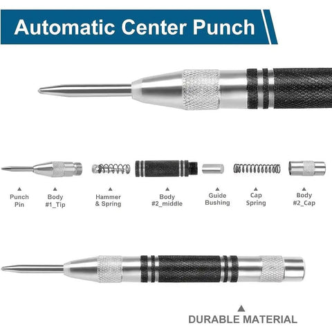 Built Tough Chrome Steel Center Punch Double Pack showing parts including punch pin, hammer, and body sections for metal drilling.
