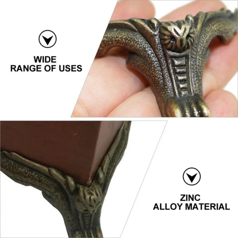 Close-up of 12 Piece Zinc Alloy Furniture Support Feet Set for Cabinets Sofas and Jewelry Boxes illustrating metal detail.