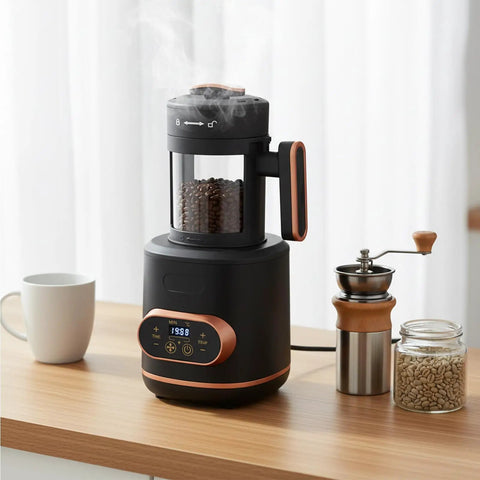 Electric Coffee Bean Roaster Machine For Home Kitchen Using 1500W Motor And Quick Heat Function, with coffee beans and grinder.