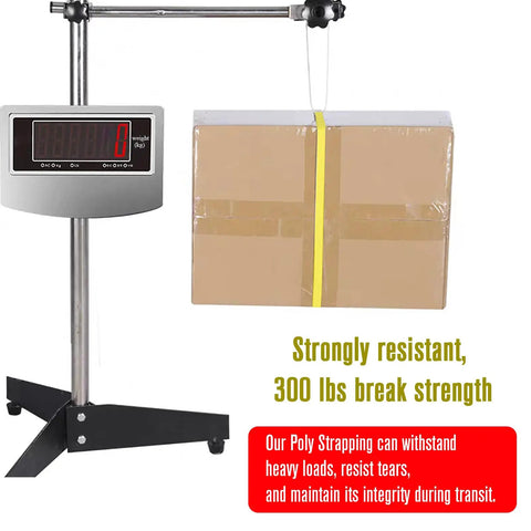Heavy Duty Polypropylene Strapping Roll Yellow Pallet Packaging Banding Strap For Secure Shipping 3280 Feet Long Locks Down Boxes Fast With Zero Sweat Half Inch Wide Super Strong Grip on weight scale with box.