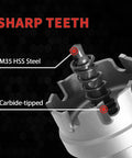 Close-up of carbide-tipped hole cutter from Heavy Duty Carbide Hole Saw Kit For Stainless Steel with pilot bits.