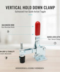 Vertical Hold Down Clamp With Quick Action Toggle For Woodworking And Assembly On A Rock Solid Galvanized Iron Workbench detail view
