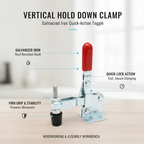 Vertical Hold Down Clamp With Quick Action Toggle For Woodworking And Assembly On A Rock Solid Galvanized Iron Workbench detail view