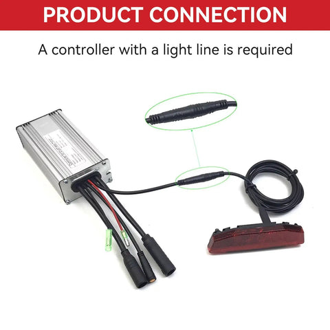 LED Bike Tail Light For Electric Bikes 6V 60V Waterproof Rear Light shown with connection to controller and cables